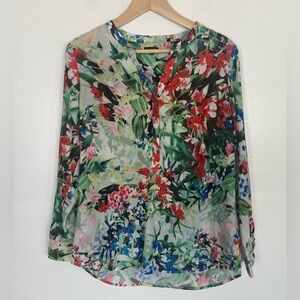 Talbots Floral Top Size M Chiffon Long Sleeve V-Neck Henley Neck Green & Red